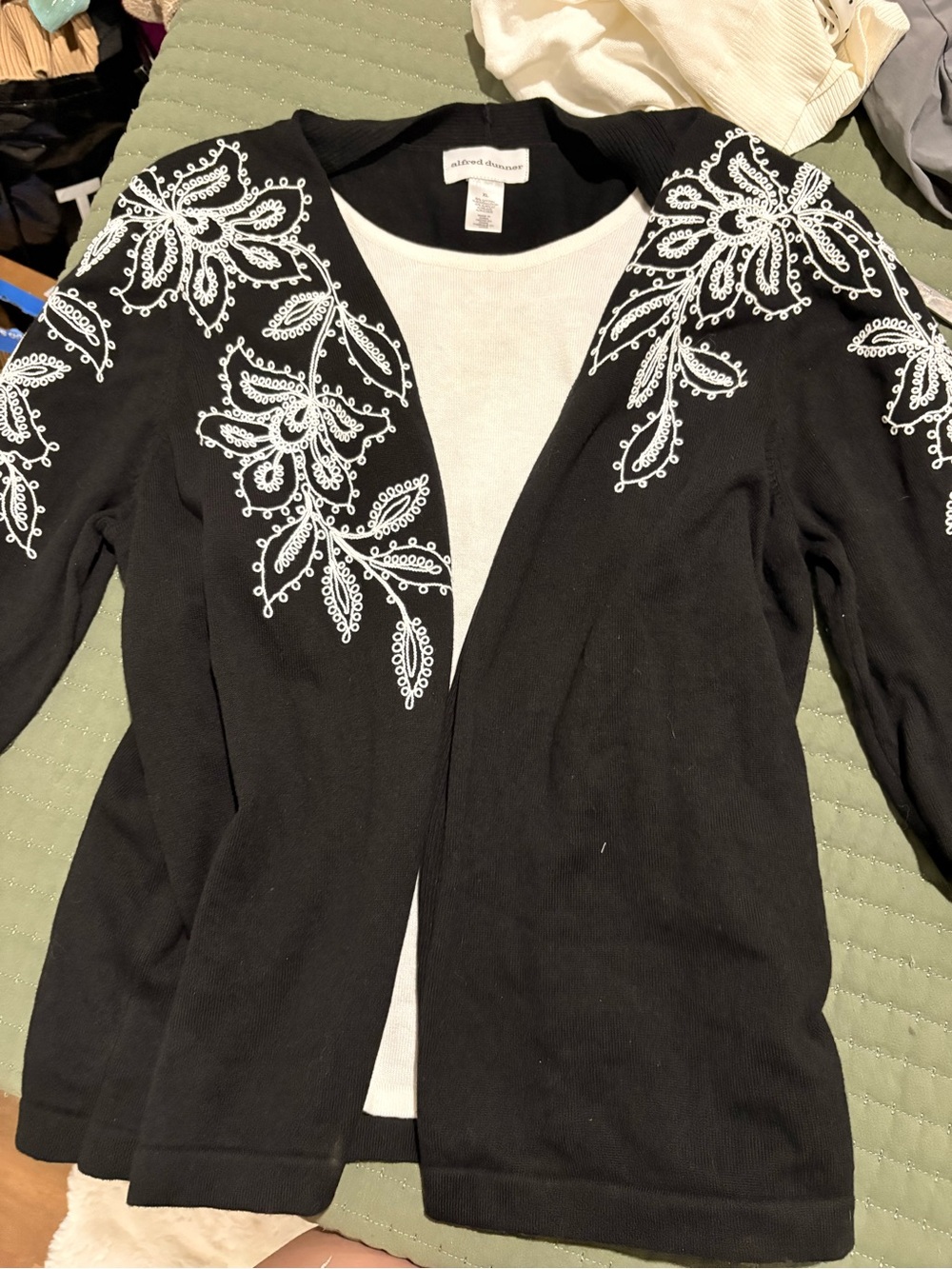 Alfred Dunner Black Cardigan with White Floral Embroidery